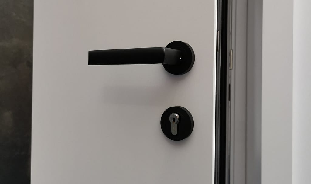 Schlichter, schwarzer Haustür-Griff auf einer weißen Tür